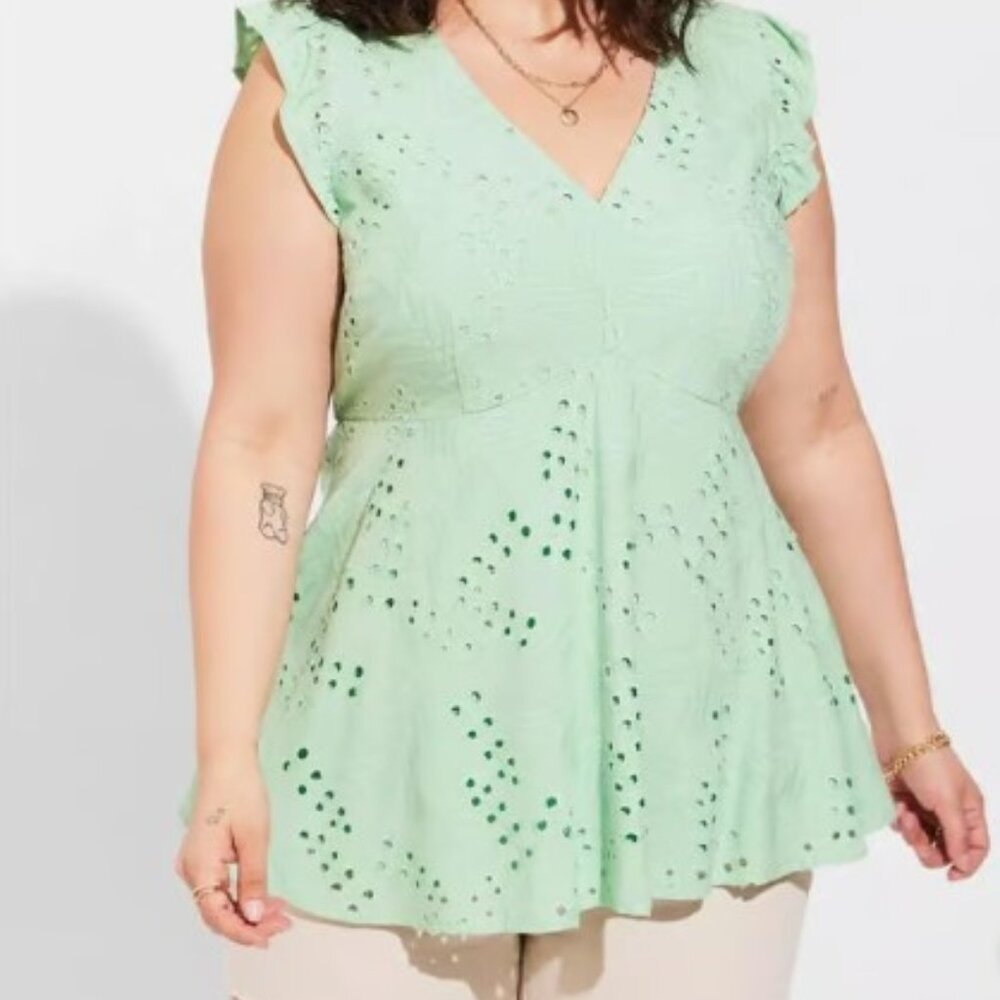 630-18 Torrid Mint Green Eyelet Ruffle Sleeve Babydoll Top Size 1 (16/18) - Picture 2 of 12